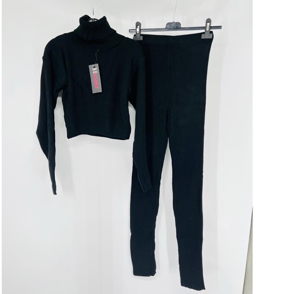 Black Knitted Long Sleeve Turtle Neck Crop Top and Pants Two Piece Set - Picture 14 of 15